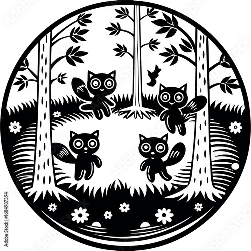 Four black cartoon cats in a forest clearing with trees and flowers black and white