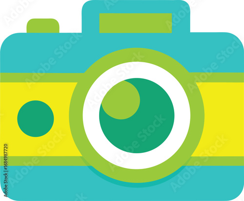 Turquoise and yellow cartoon camera with green lens
