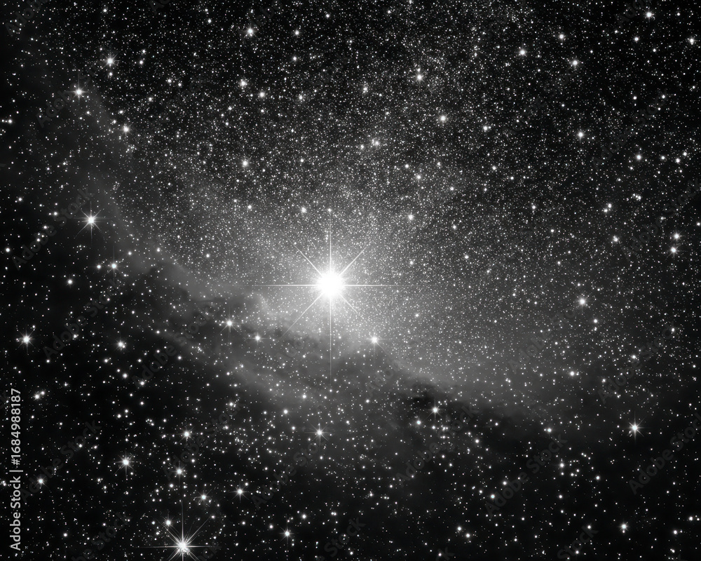 Obraz premium Star field with bright shining star and cosmic dust cloud in deep space, creating mesmerizing and vast celestial view full of sparkling light points and dark nebula