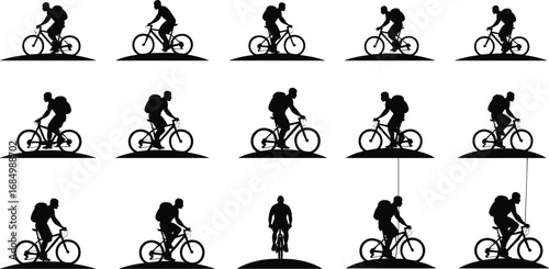 Cyclist silhouette, man riding bicycle, outdoor cycling, fitness exercise, bike rider with backpack, transportation, healthy lifestyle, sport, adventure, journey