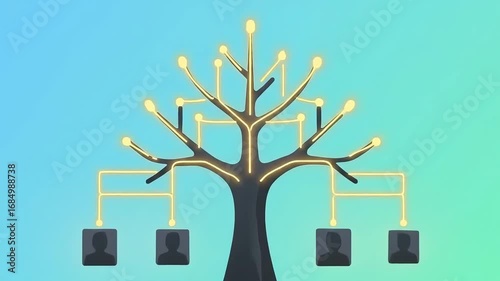 Digital genealogy concept showing a luminous tree structure connecting individual profiles in a modern network
