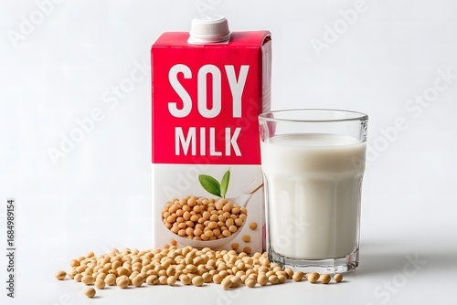 Fresh Soy Milk in a Glass with Soybeans and Carton on White Background
