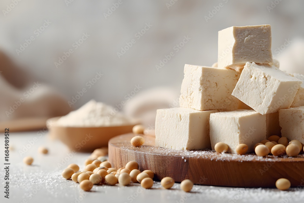 Fototapeta premium Fresh Soybean Curd on Wooden Board with Soybeans and Flour Background