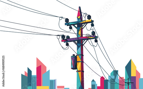 Colorful city power pole, geometric utility pole art, transformer illustration, vibrant urban electric post, modern abstract skyline background