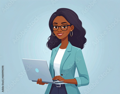 Vector character of a stylish young woman with glasses and a laptop, modern office