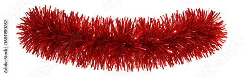 Red tinsel garland with intertwined strands and glossy appearance
