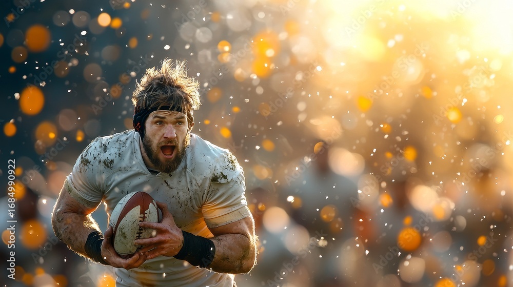 Naklejka premium Rugby player in action stadium sports photography dynamic environment close-up view athletic spirit