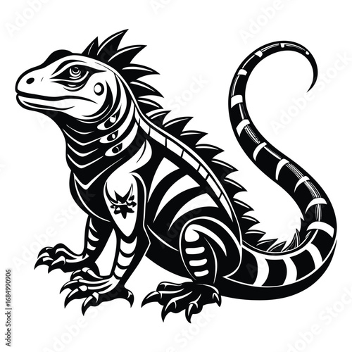 Stylized Monochrome Iguana Illustration Striking Tribal Design Aesthetic Striking Reptilian Artwork