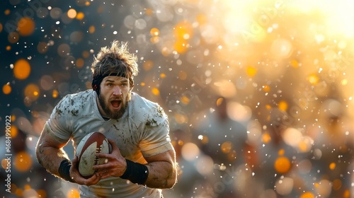 Rugby player in action stadium sports photography dynamic environment close-up view athletic spirit