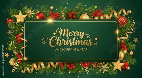 Elegant merry christmas and happy new year greeting with festive decorations including pine branches, baubles, stars, and ribbons on a dark green background