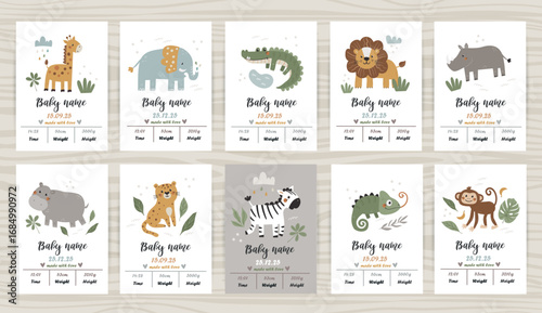Big set of templates for baby metrics with safari animals. Date of birth, height, weight. Perfect for kids bedroom, nursery decoration, posters and wall decorations