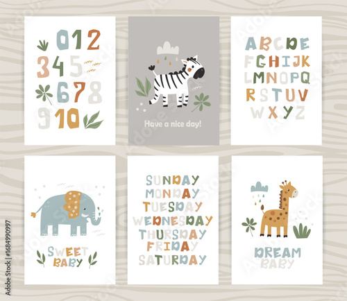 Set of posters with letters and numbers, days of the week with african animals. Perfect for children's bedroom, decorating a nursery, kindergarten and wall decorations.