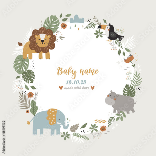 Vector template for baby metrics with safari animals and leaves. Date of birth, height, weight. Perfect for kids bedroom, nursery decoration, posters and wall decorations