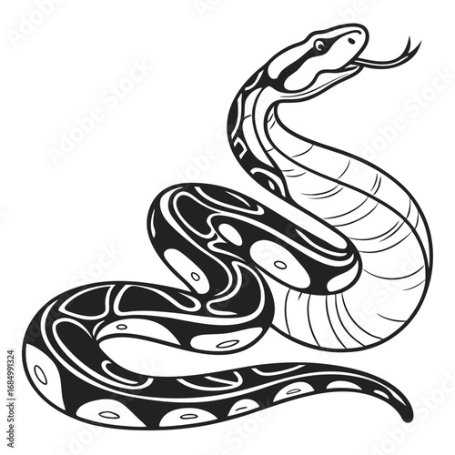 Monochrome Snake Illustration Featuring Unique Markings and a Protruding Tongue Depicting a Ball Python or Similar Species