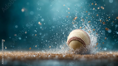 Dynamic baseball splashing action sports field photography dramatic lighting close-up view energy and motion