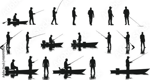 Fishing silhouette, man with fishing rod, boat fishing, lake fisherman, outdoor activity, sport, water reflection, lifestyle, hobby, nature scene