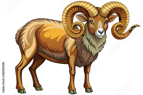 Majestic Mouflon Cartoon Illustration with Curving Horns, Tan Fur, and a Distinguished Beard, Standing Posing Beautifully Isolated