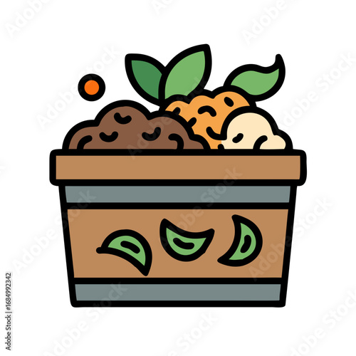 Compost bin filled with organic scraps and green leaves on a white background, 
