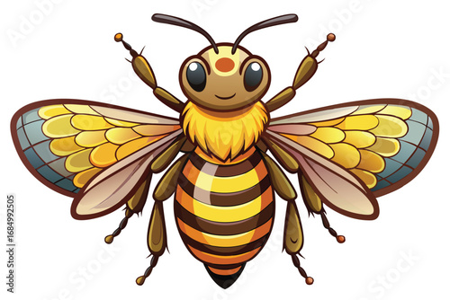 Cartoon Bee with Detailed Wings and Stripes, a Whimsical Insect Illustration with Classic Coloring and Expressive Eyes