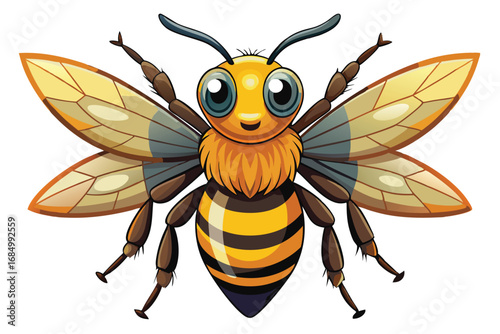 Cartoon Bee Illustration Depicting a Cute and Detailed Honeybee with Striped Abdomen and Translucent Wings on a White Background
