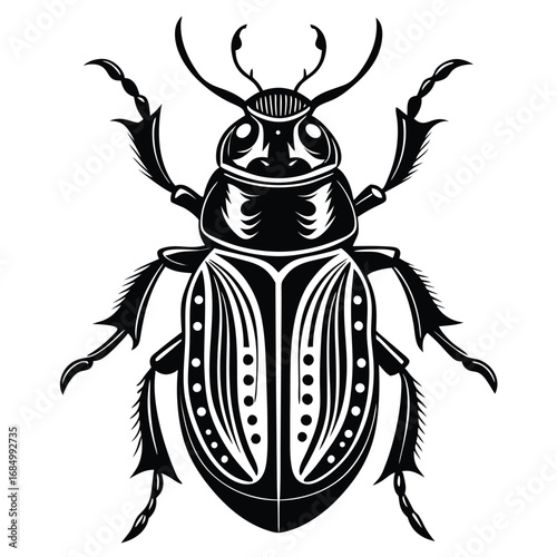Intricate Black and White Beetle Illustration A Striking Tattoo Design with Bold Lines and Geometric Patterns in Detailed Vector Format