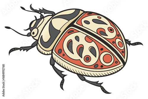Artistic Depiction of a Decorative Beetle Featuring Intricate Patterns and Bold Colors with a Cartoonish and Stylized Presentation of Nature