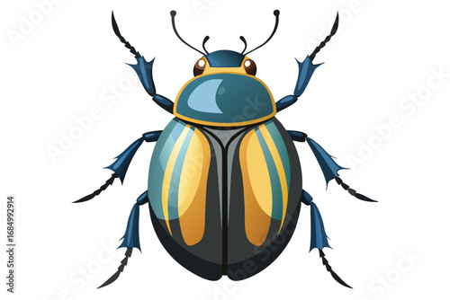 A Vibrant Blue and Gold Scarab Beetle Illustration Displaying Intricate Details and Sharp Legs Against a Plain White Background