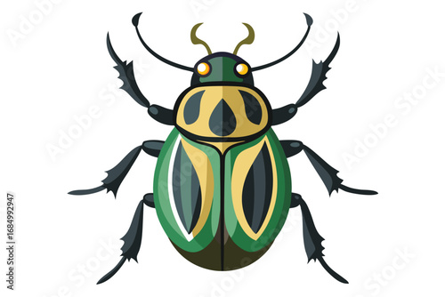 Whimsical Emerald Beetle Illustration Detailed Insect with Ornate Markings and Intricate Leg Design Isolated Against a Clean White Background