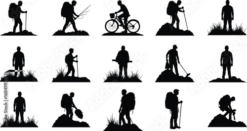 Hiking silhouette, outdoor adventure, backpack traveler, trekking mountains, camping lifestyle, cycling exploration, metal detector, survival activity, black vector illustration