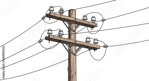 Double crossarm utility pole, wooden electric pole, power line illustration, detailed vector art, realistic power structure, energy transmission