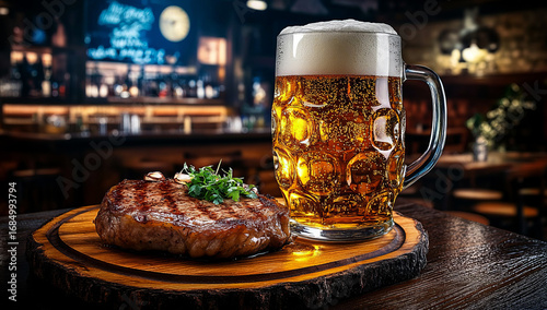  large glass of beer and a steak on a wooden plate in a bar, with a beautiful background and interior