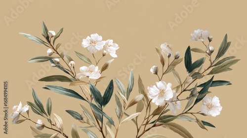 Delicate Floral Arrangement on Soft Beige Background with Leaves