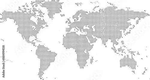 World map presented as a collection of dots, illustrating global geography and continents