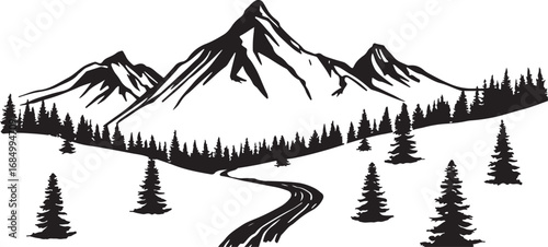 Majestic Mountain Peaks and Evergreen Forest Landscape Vector Illustration with Winding Road Creating Serene Outdoor Scene