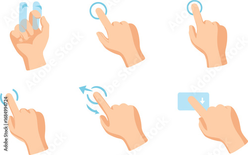 Collection of hand gestures for touch screen devices and digital interfaces demonstrating various interactions