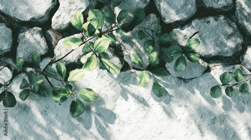 Green Leaves on a Rough Stone Wall with Soft Shadows and Texture
