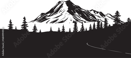 Majestic Mountain Range Black and White Illustration Pine Trees Forest Landscape Serene Wilderness Scenic View Monochrome Design Minimalist Art Nature Graphic
