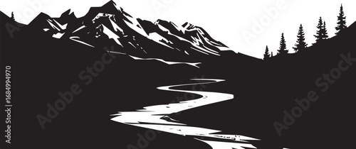 Majestic Mountain Range with Winding River and Evergreen Forest Black and White Landscape Illustration Serene Outdoor Scene