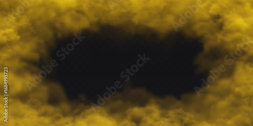Yellow Fog smoke effect frame border on transparent dark background. Vector smoke cloud.
