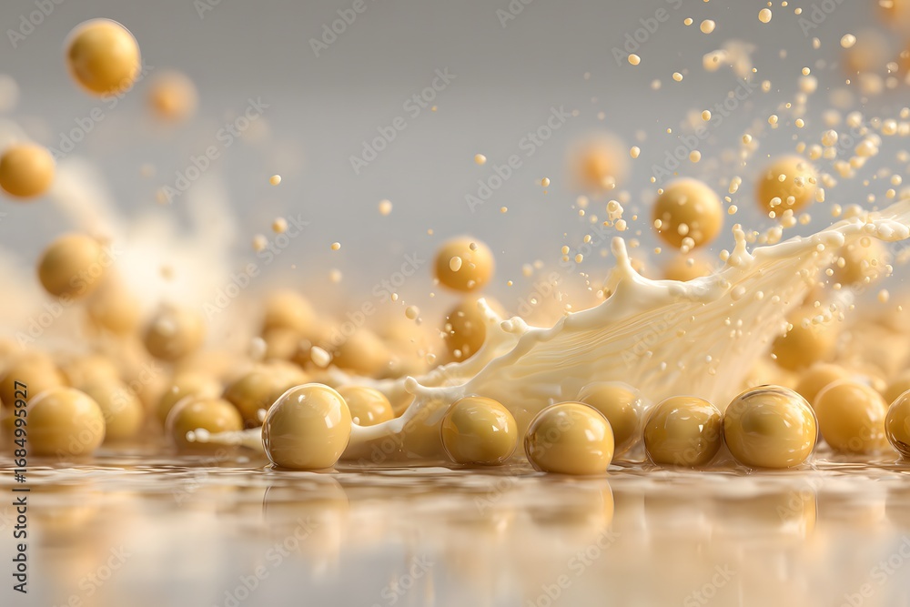 Naklejka premium Splashing Liquid with Soybeans Creating Dynamic Water Effects in Soft Colors