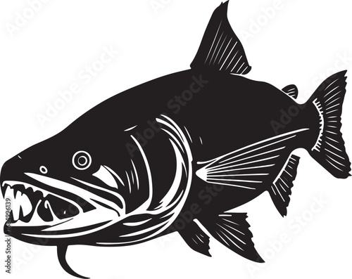 Menacing Tigerfish Silhouette with Sharp Teeth and Detailed Fins Against a White Background Creates a Striking Visual
