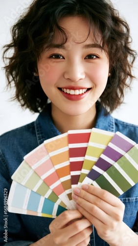 Person holding a fan of colorful swatches, smiling at the camera