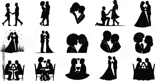 Romantic couple silhouettes, wedding love, marriage proposal, anniversary celebration, romantic dinner, kissing couple, engagement moment, romantic relationship, love story, dating romance