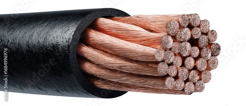Close-up view of a black electrical cable with copper wires