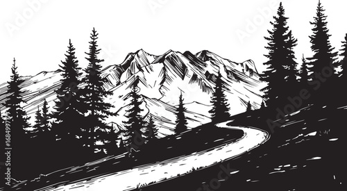 Monochrome Mountain Landscape Vector Illustration with Winding Road and Evergreen Trees Nature Scenery