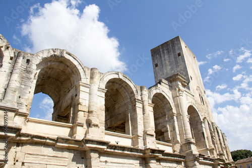View of the exterior of the Roman Amphitheater in Arles, Provence-Alpes-Côte d'Azur, France  