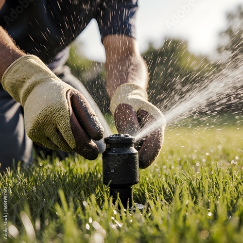 Gardener Repairing Popup Sprinkler Nozzle On Lawn