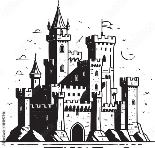 Monochrome Vector Illustration of a Majestic Medieval Castle with Turrets and Flag Banners Towering Against a White Sky Backdrop