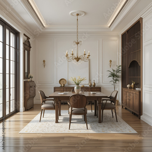Modern classic room with wooden furniture and details, dinning room area, minimalistic interior design 3D rendering