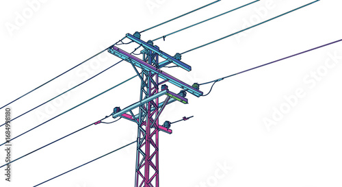 Metal utility pole illustration, neon power line pole, colorful electric post art, vibrant truss tower, rainbow power pole drawing